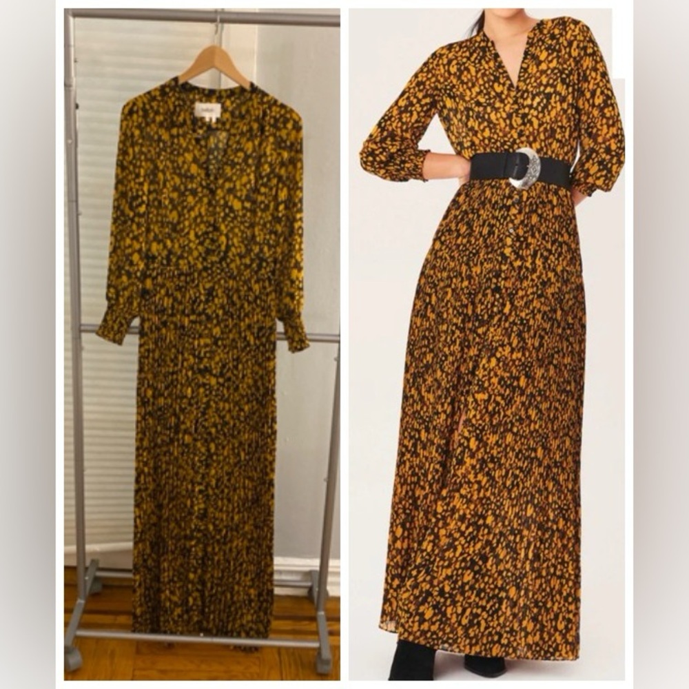ba&sh Lisi pleated printed crepe dress yellows mustard XS